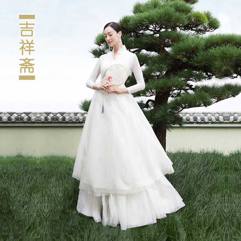 吉祥斋女装白羽扇系带连衣裙奢华立领真丝国风礼服正品