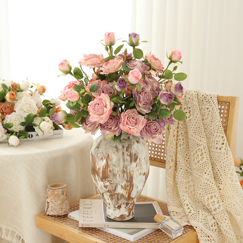 法式复古焦边玫瑰高级仿真花束