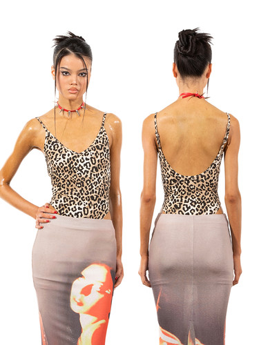NOLA*Leopard Bodysuit 性感小野豹纹紧身连体V领露背吊带上衣