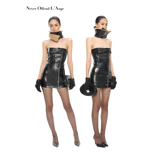 NOLA翻折领口皮质包扣连衣裙