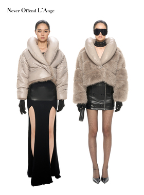 NOLA kanye裸色系充气棉正反上下三穿拼接条纹感皮草毛毛外套大衣