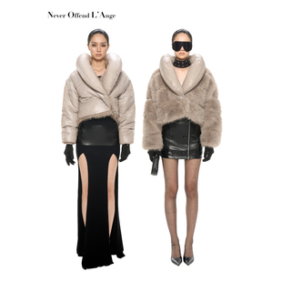 NOLA kanye裸色系充气棉正反上下三穿拼接条纹感皮草毛毛外套大衣