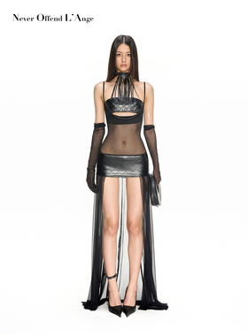 NOLA 黑玫瑰缪斯 羽绒菱格金属钻感荡领网纱连衣裙性感吊带长裙