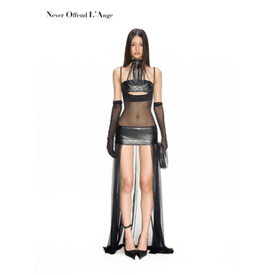 NOLA 黑玫瑰缪斯 羽绒菱格金属钻感荡领网纱连衣裙性感吊带长裙