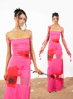 NOLA*Mesh Longuette 怦然之花 盛夏飘带玫红色网纱紧身长裙