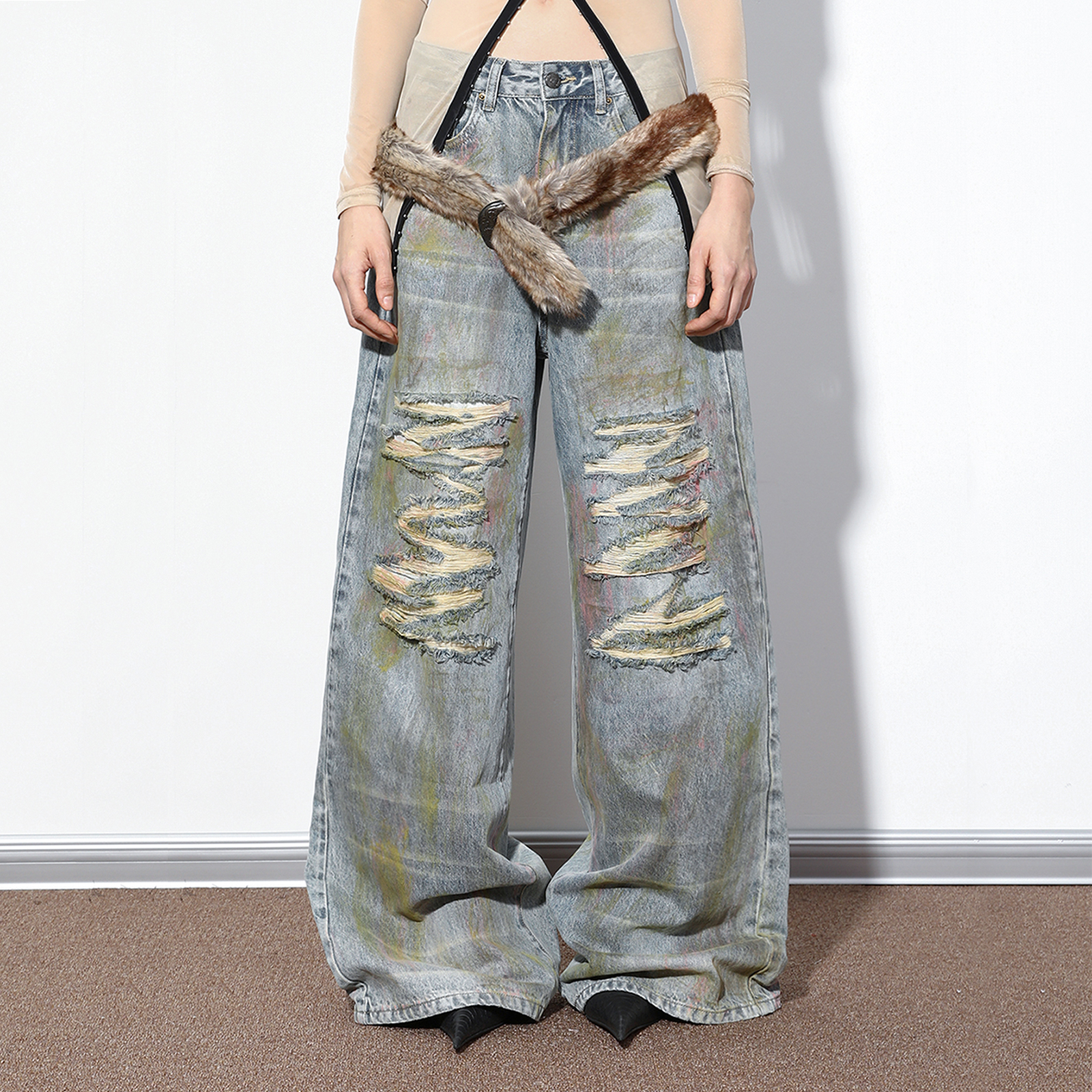 NOLA* Baggy Jeans “脏脏粉”破烂脏泥染重工阔腿拖地水洗牛仔裤