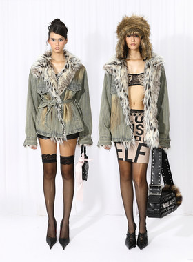 NOLA*Denim Fur Jacket 水洗复古脏牛仔拼接豹点毛毛皮草夹棉外套