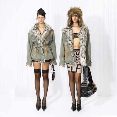 NOLA*Denim Fur Jacket 水洗复古脏牛仔拼接豹点毛毛皮草夹棉外套