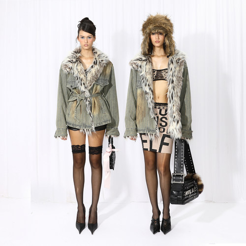 NOLA*Denim Fur Jacket 水洗复古脏牛仔拼接豹点毛毛皮草夹棉外套