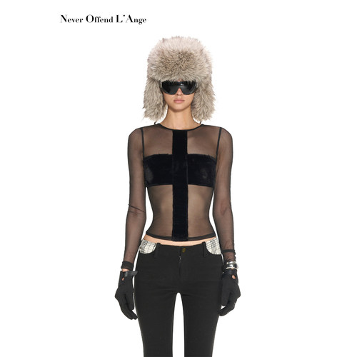 NOLA百搭短绒毛黑色网纱打底衫