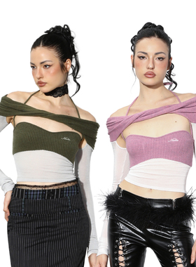 NOLA*Knot long-sleeve 一抹反转 一字肩开衫针织挂脖吊带两件套