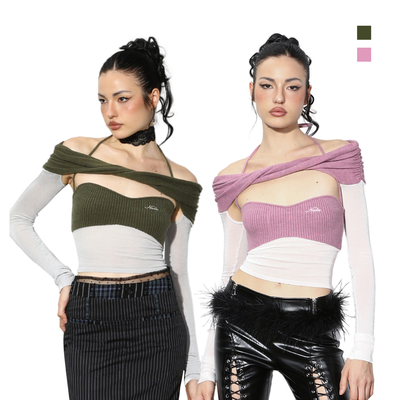 NOLA*Knot long-sleeve 一抹反转 一字肩开衫针织挂脖吊带两件套