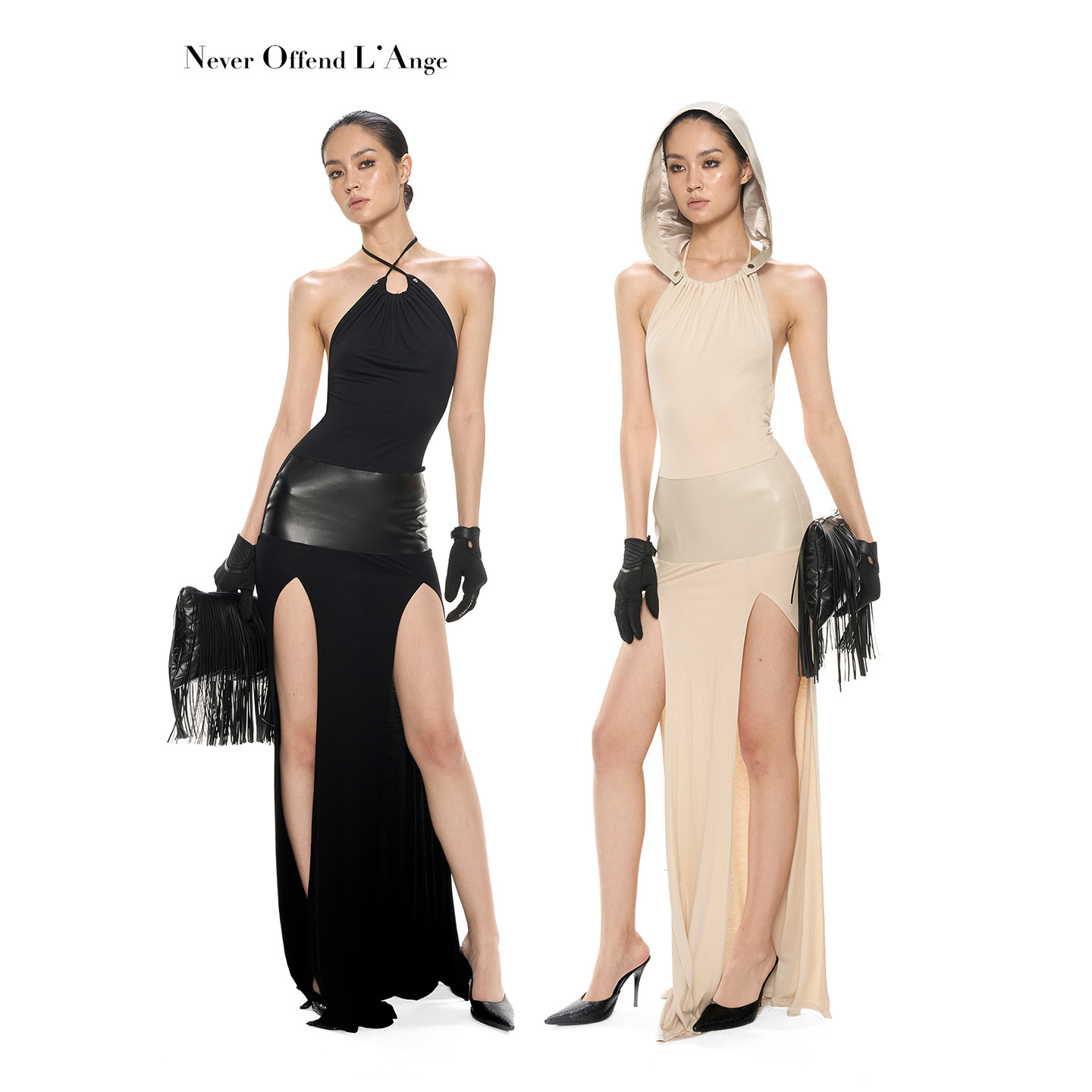 NOLA“欲望”可拆卸帽子挂脖多穿褶皱露背皮质拼接分割连衣裙长裙