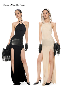 NOLA“欲望”可拆卸帽子挂脖多穿褶皱露背皮质拼接分割连衣裙长裙