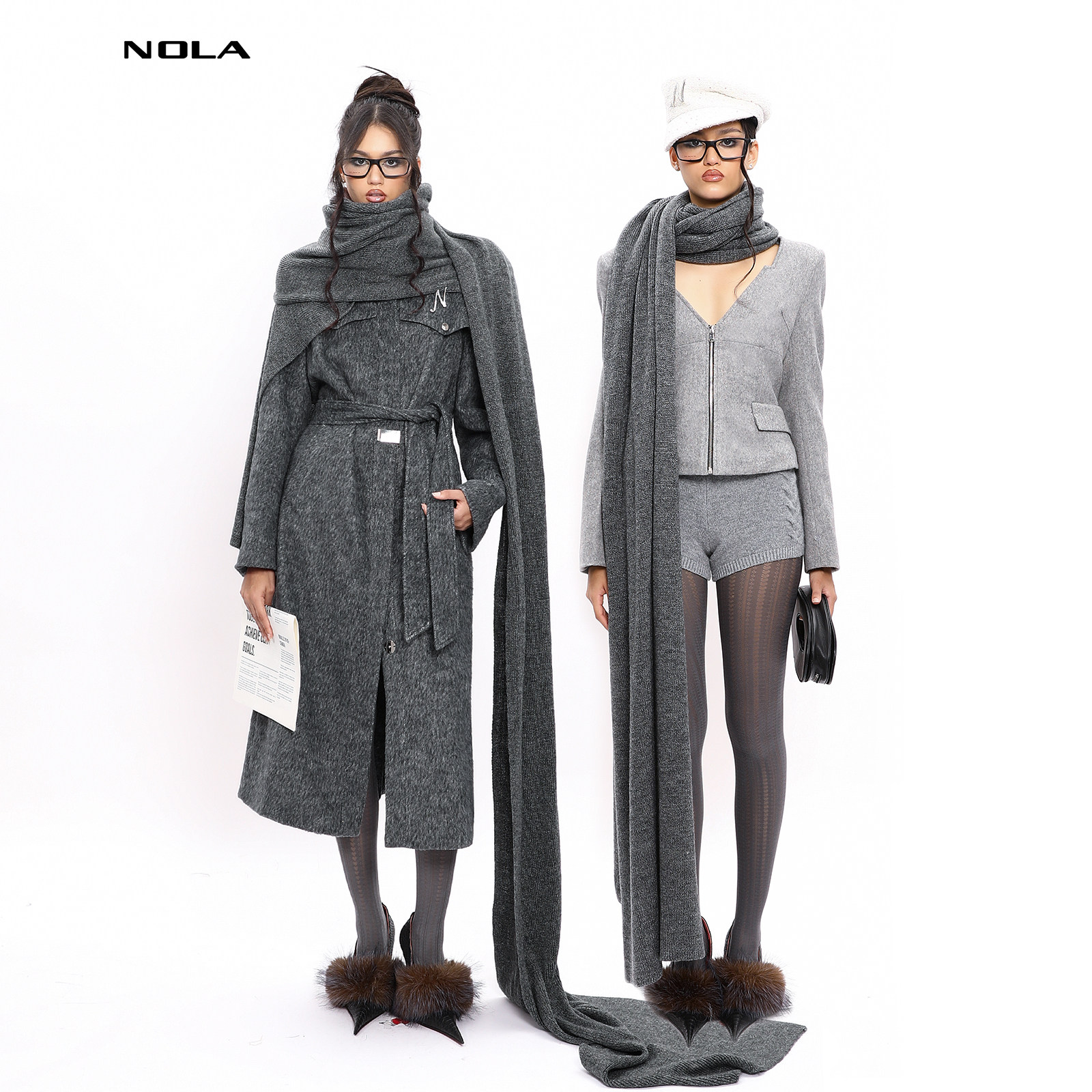 NOLA*Grey Scarf 包裹感 超厚秋冬保暖毛织围巾披肩单品灰色