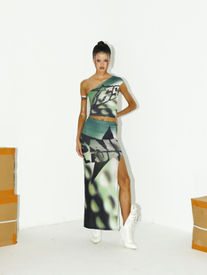 网球辣妹像素印花弹力斜肩吊带长裙套装 NOLA suits Wind Pixel