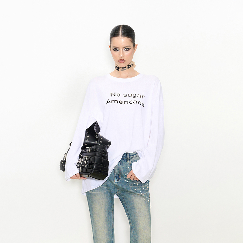 NOLA 美式不加糖 手工珠绣英文字松弛感散步微透长袖打底T恤