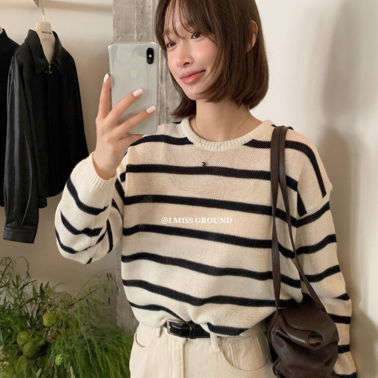 LEMON条纹针织衫女2024秋季新款韩版宽松圆领长袖套头毛衣上衣