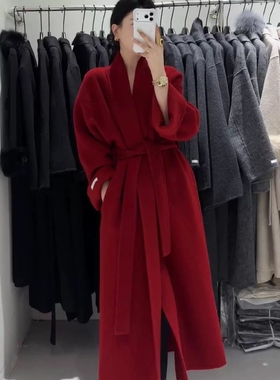大翻领浴袍款红色双面羊毛大衣女中长款秋冬新款韩版宽松毛呢外套