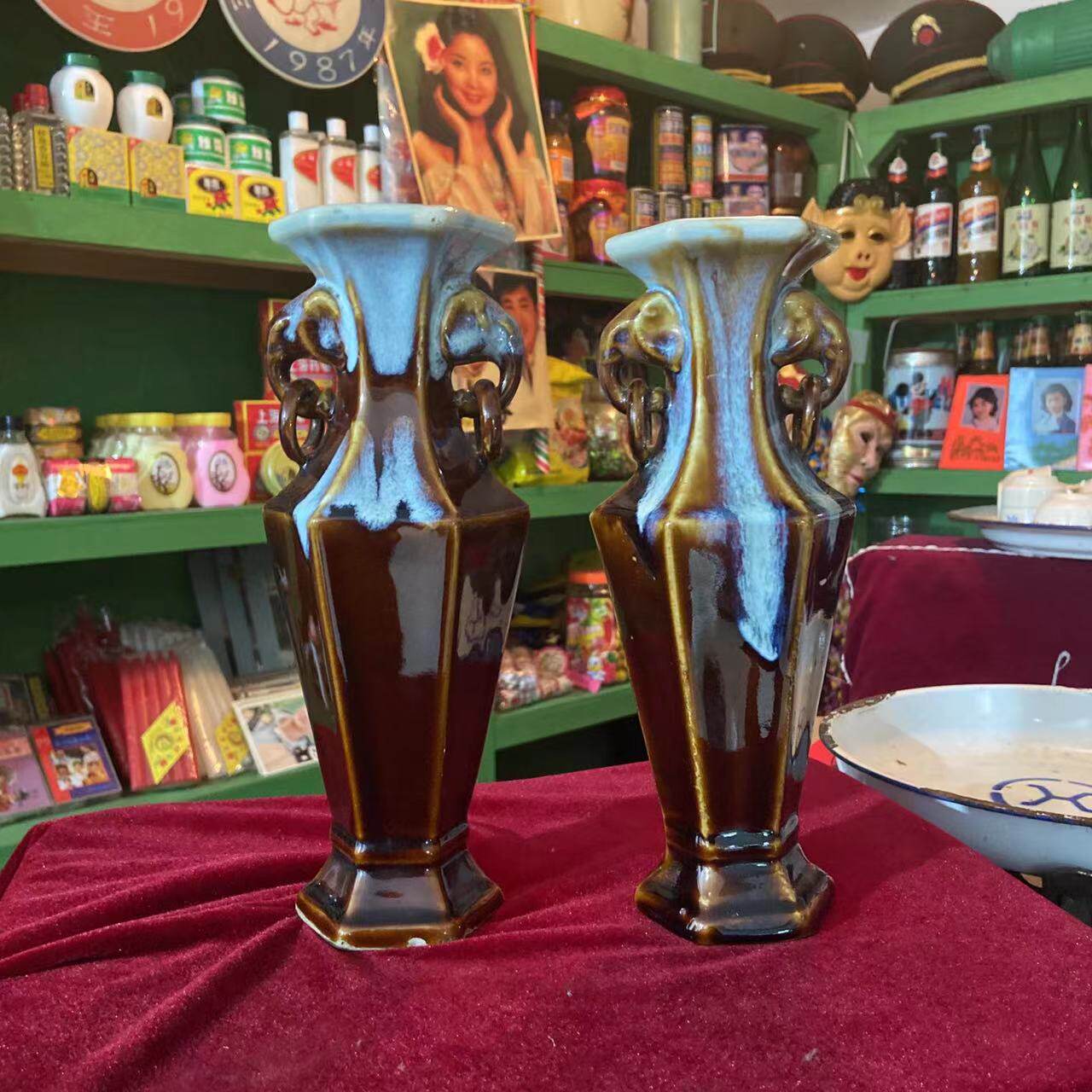 70 80年代琉璃玻璃花瓶蓝色橘色红色老物件影视道具摆件90年代