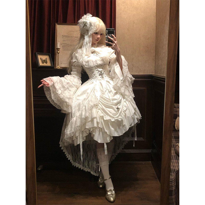 白色哥特风姬袖腰封提拉裙洛丽塔lolita裙优雅华丽重工三件套洋装