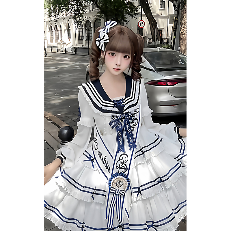 白色海军风三段式lolita裙刺绣绶带洛丽塔可爱甜美少女感公主裙