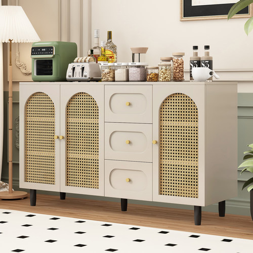 轻奢餐边柜藤编靠墙储物柜五斗柜