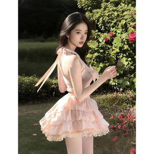 纯欲风小众设计挂脖连衣裙 橘子海 甜美减龄气质蝴蝶结新款