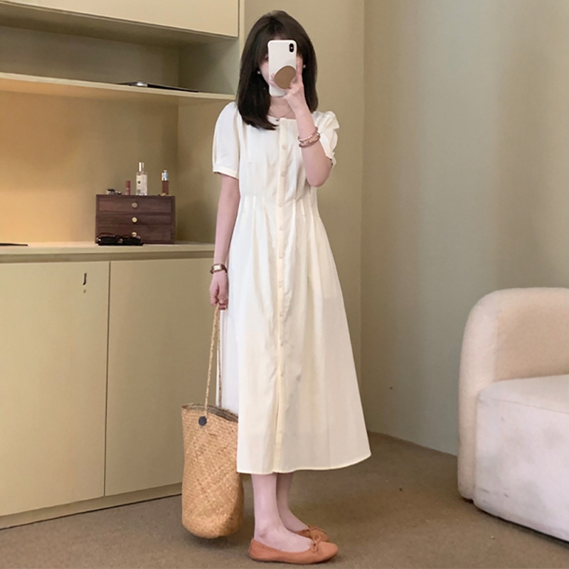 小个子短袖连衣裙2025新款裙子女夏今年流行爆款法式褶皱收腰长裙