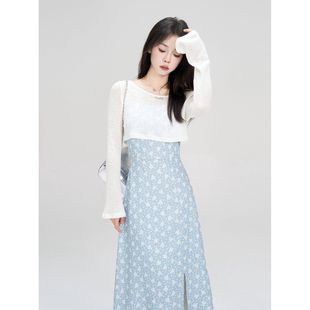套裝 藍(lán)色碎花吊帶連衣裙女夏裝 2024年新款 收腰顯瘦氣質(zhì)長(zhǎng)裙開衫 女