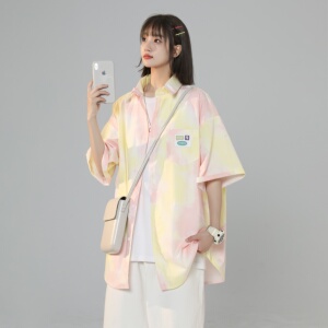 XZ-230-1CS219夏中性风宽松水墨扎染渐变全棉休闲短袖衬衫P48控68图片