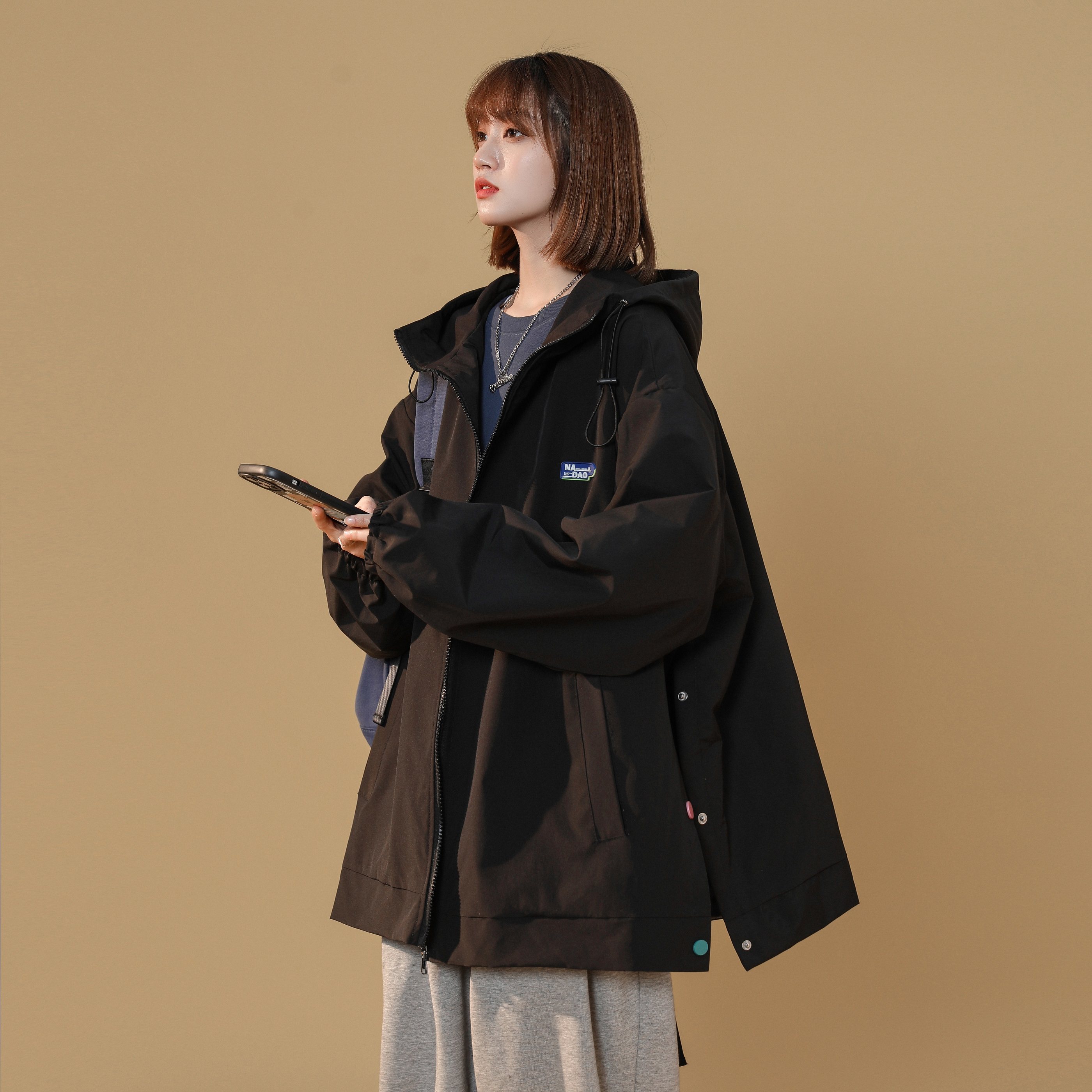 XZ-230-1-22JK10秋中性风机能排扣冲锋衣宽松防风连帽夹克P78控98图片