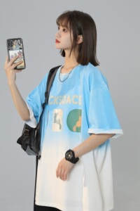 XZ-230-1T21清凉一夏中性风宽松全棉扎染渐变休闲短袖T恤P45控58图片