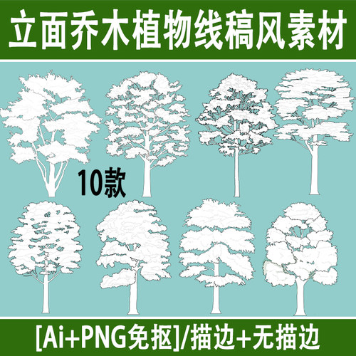 景观建筑插画风ai矢量黑白手绘线稿植物立面乔木png免抠树ps素材