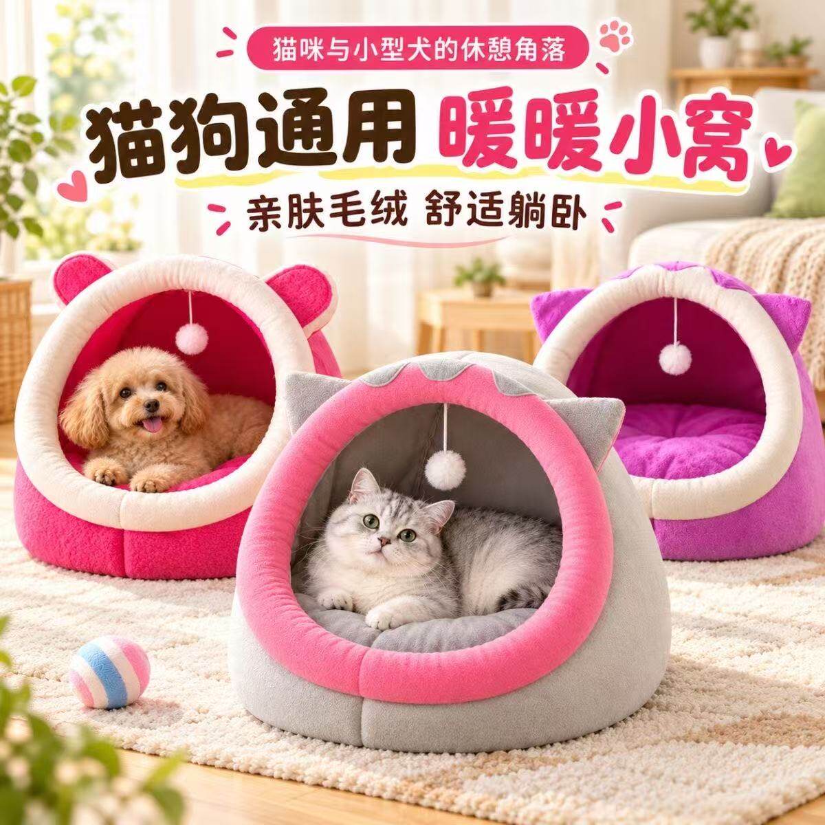 冬季保暖毛绒半封闭可拆洗猫窝