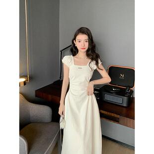鄧六六白色連衣裙女夏法式 初戀感方領(lǐng)收腰顯身材長(zhǎng)裙子領(lǐng)證小白裙