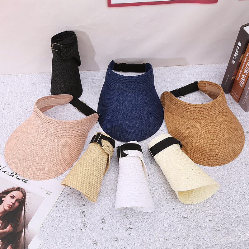 夏季空顶草帽新款男女可调节遮阳帽韩版可折叠草编大檐防晒太阳帽