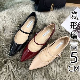 通勤一字带软底玛丽珍鞋 内增高女鞋 新款 女夏季 金属扣尖头单鞋