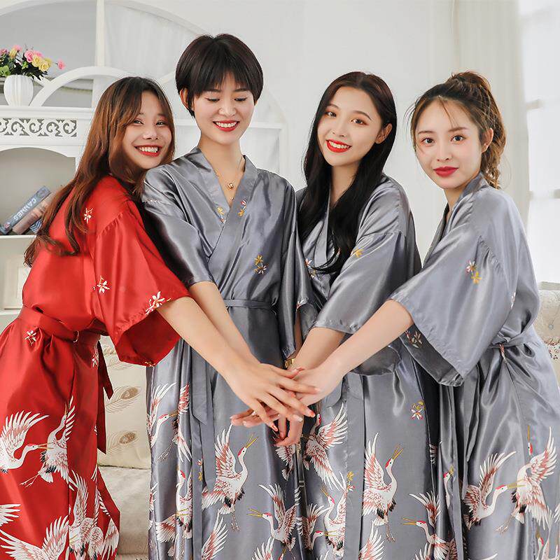 睡衣女夏女士睡袍中袖大码浴袍仿真丝绸新娘晨袍定制