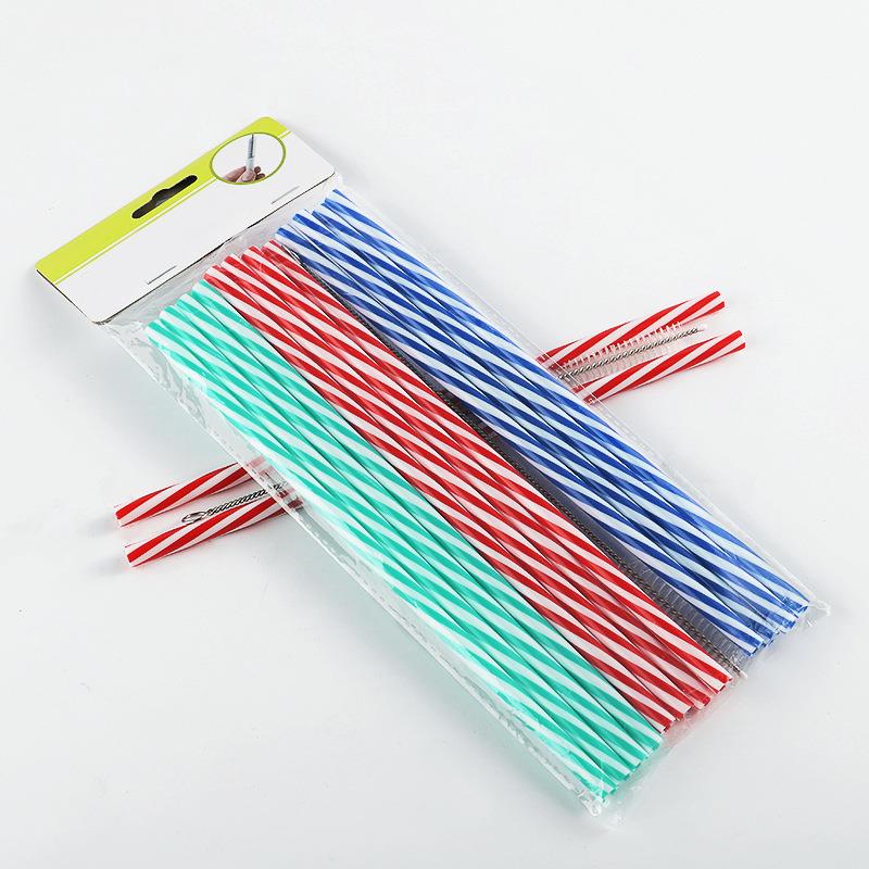 厂家直供彩色条纹吸管PP塑料旋转螺纹硬直吸管套装可重复使用吸管