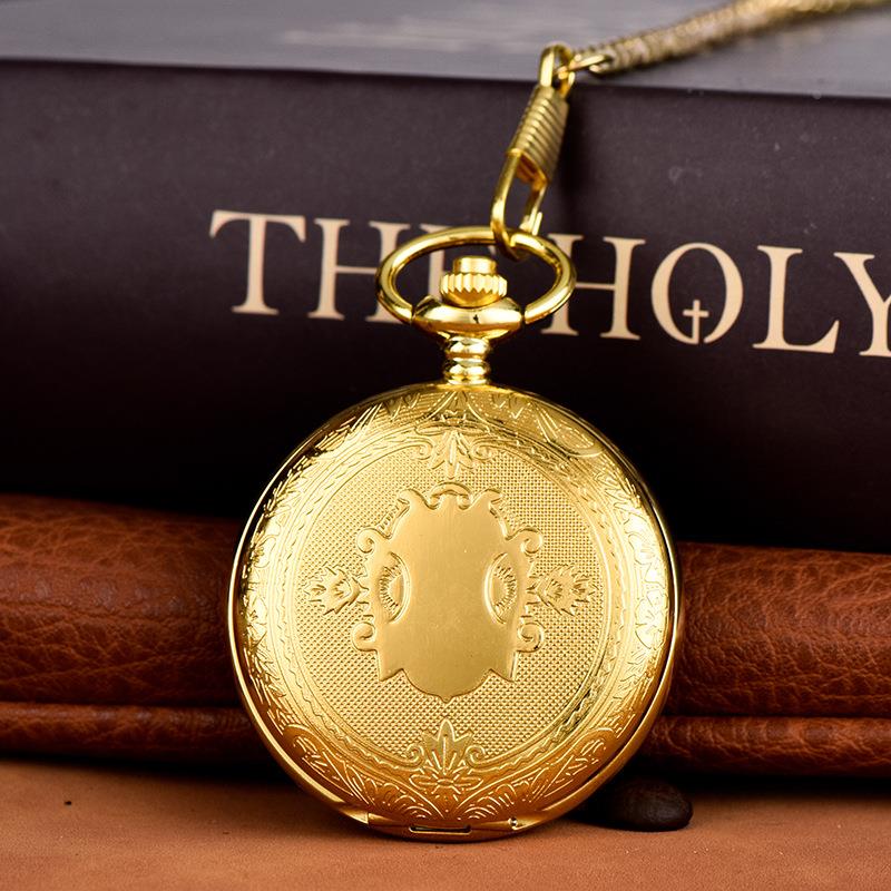 大号金色翻盖复古怀表 盾牌雕花图案腰链石英怀表1036