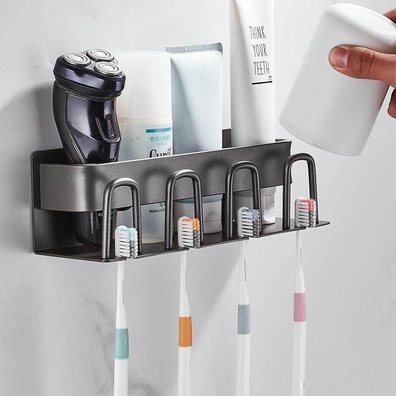 免打孔枪灰色太空铝牙刷架壁挂电动牙刷牙膏收纳卫生间浴室置物架