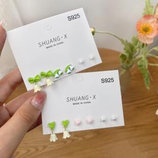 小清新夏日铃兰花朵耳环套装 女银针森系气质蝴蝶结小众耳钉耳环