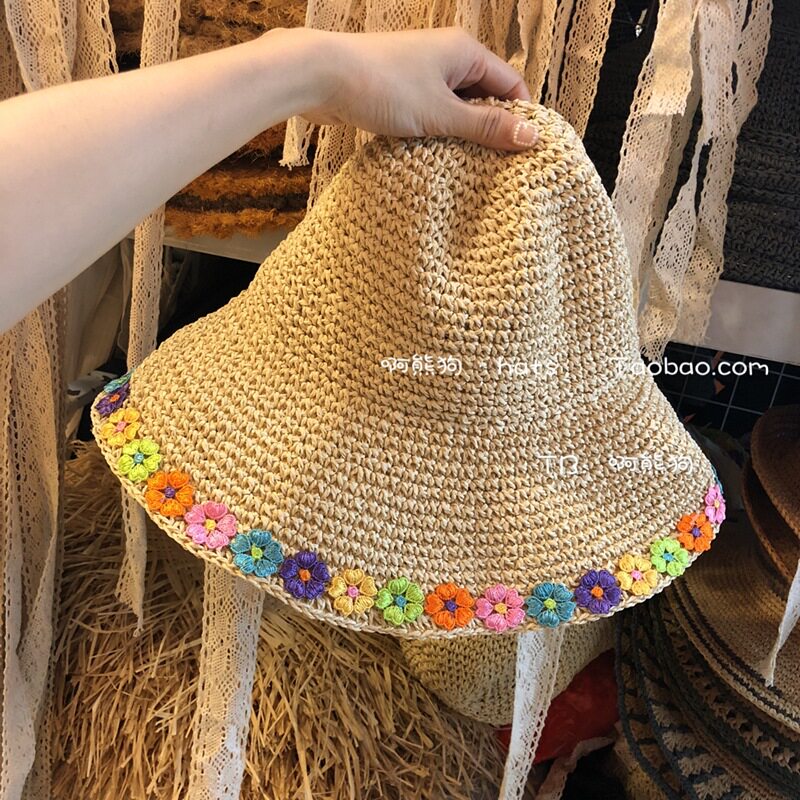 春夏帽子女夏季 泫雅风彩色花朵边可折叠草帽亲子渔夫帽潮显脸小