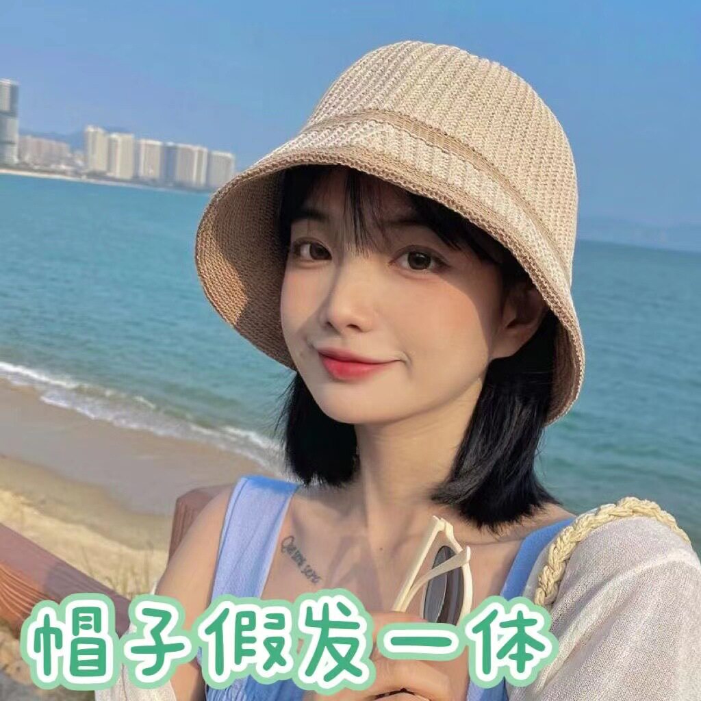 夏季遮阳帽假发一体女超短发直发假发镂空短直发显脸小假发帽子