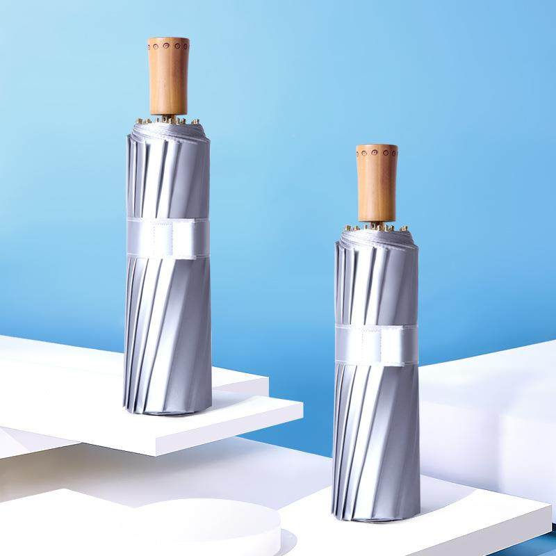 竹柄三折16骨伞钛银胶伞防晒防紫外线遮阳伞女士折叠晴雨两用雨伞