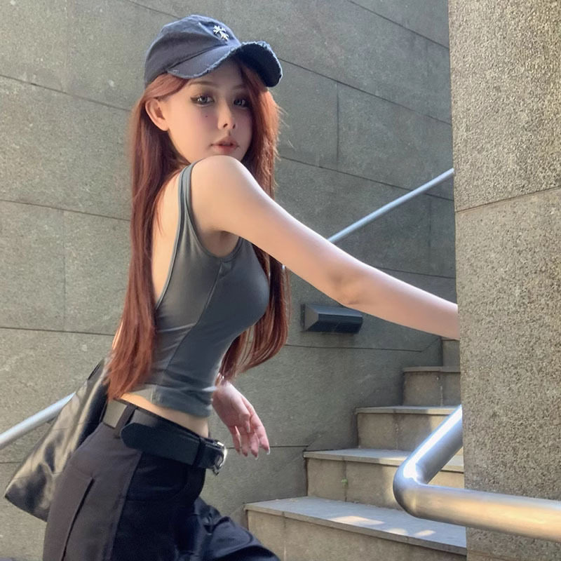 欲辣妹露背镂空吊带美背背心带胸垫裹胸外穿打底短款上衣女