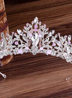 H1092钻岗2018新款新娘头饰 韩式粉钻手工串珠新娘皇冠发箍定制