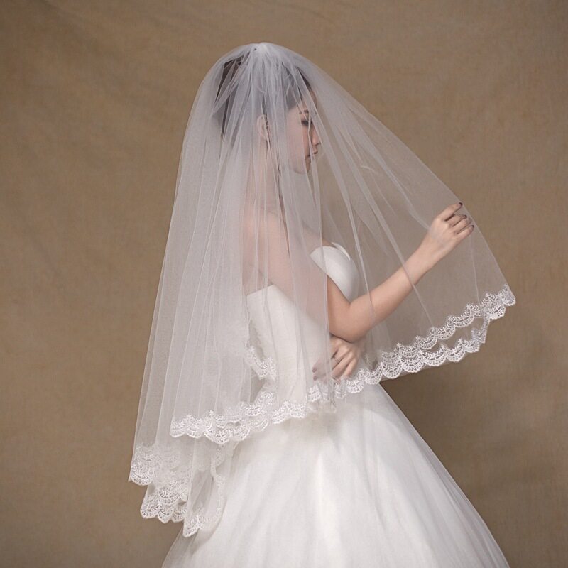 外贸简约新娘结婚婚礼婚纱头饰短款双层头纱遮面带发梳花边1.5米