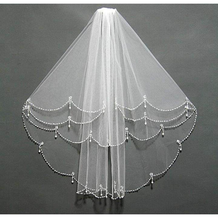 精美手工制作婚纱头纱新娘短款头纱钉珠缝珠结婚头饰面纱定制